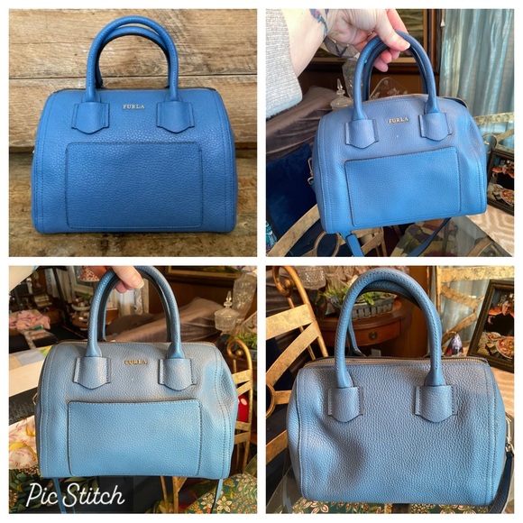 Furla Alba Genziana Blue Pebbled Leather Satchel Barrel Bag